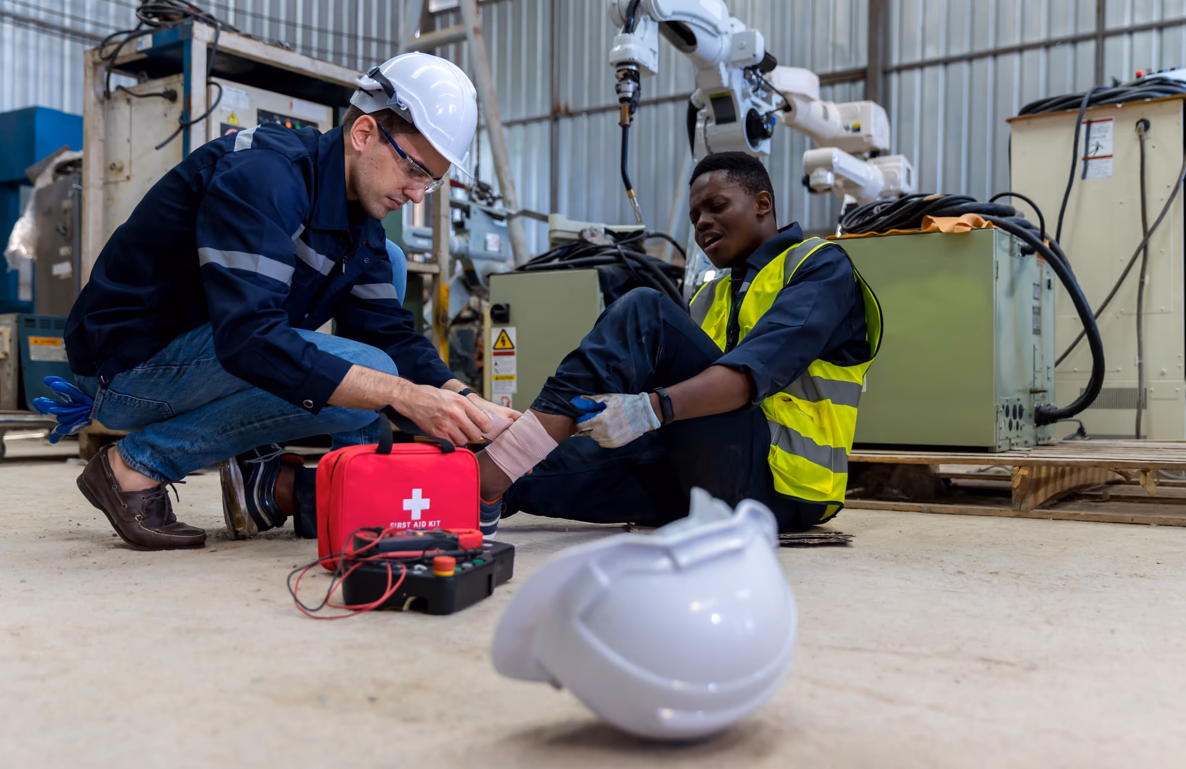 Un employé bande la cheville d'un collègue blessé dans un atelier, avec une trousse de premiers secours