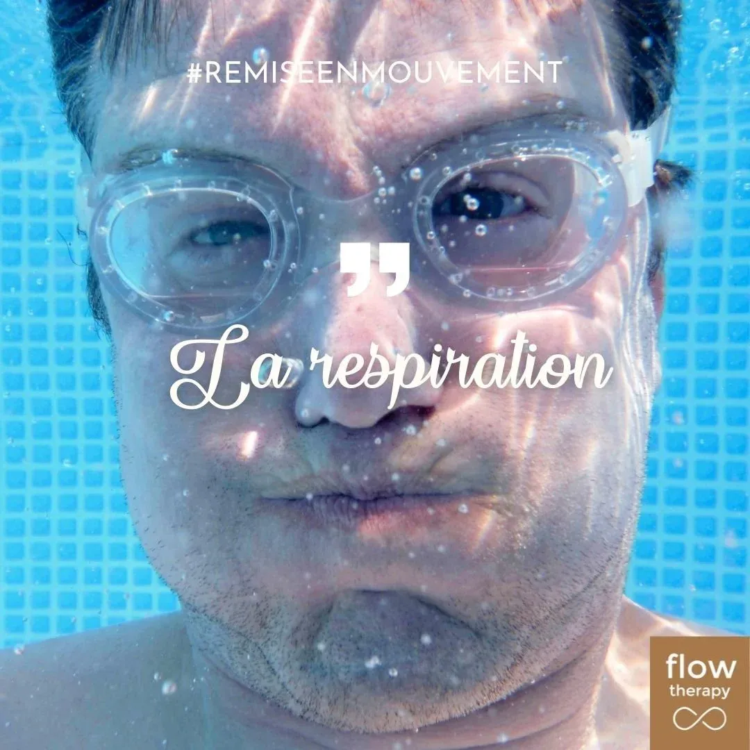 Illustration de l'article : un visage sous l'eau vu à travers des lunettes de piscine, couverture « La respiration »