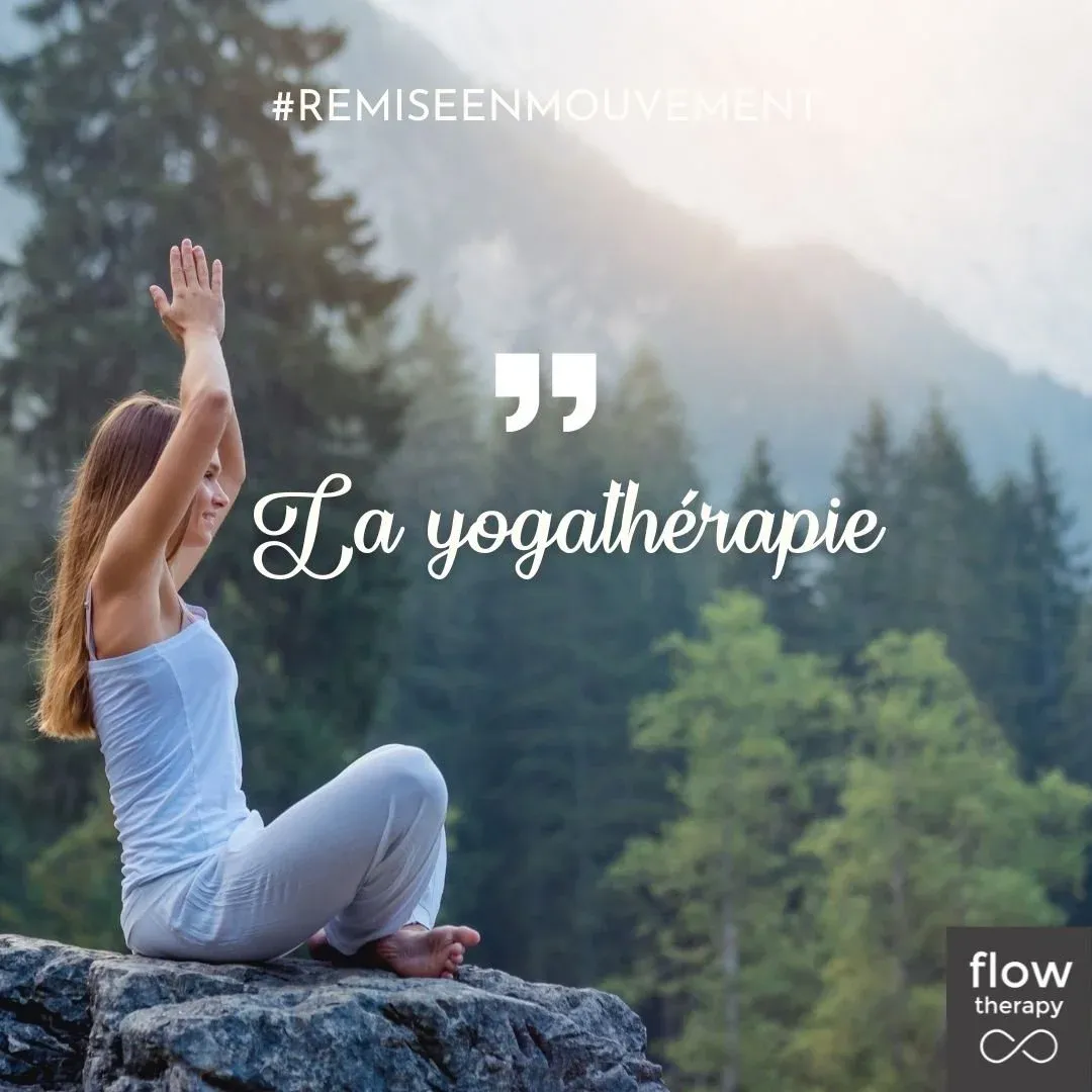 Illustration de l'article : une femme en posture de yoga face à la montagne, couverture « La yogathérapie »