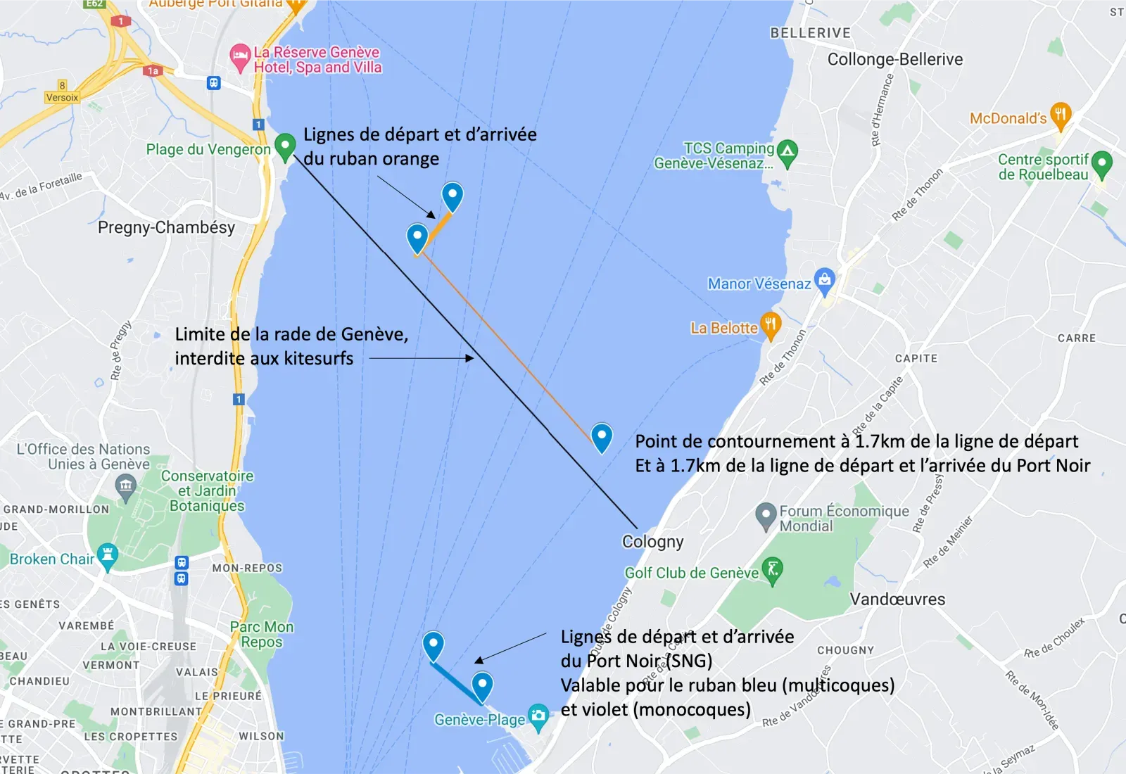 Carte de la zone de départ à Genève : lignes de départ du Ruban Orange au Vengeron, limite de la rade interdite aux kitesurfs, point de contournement