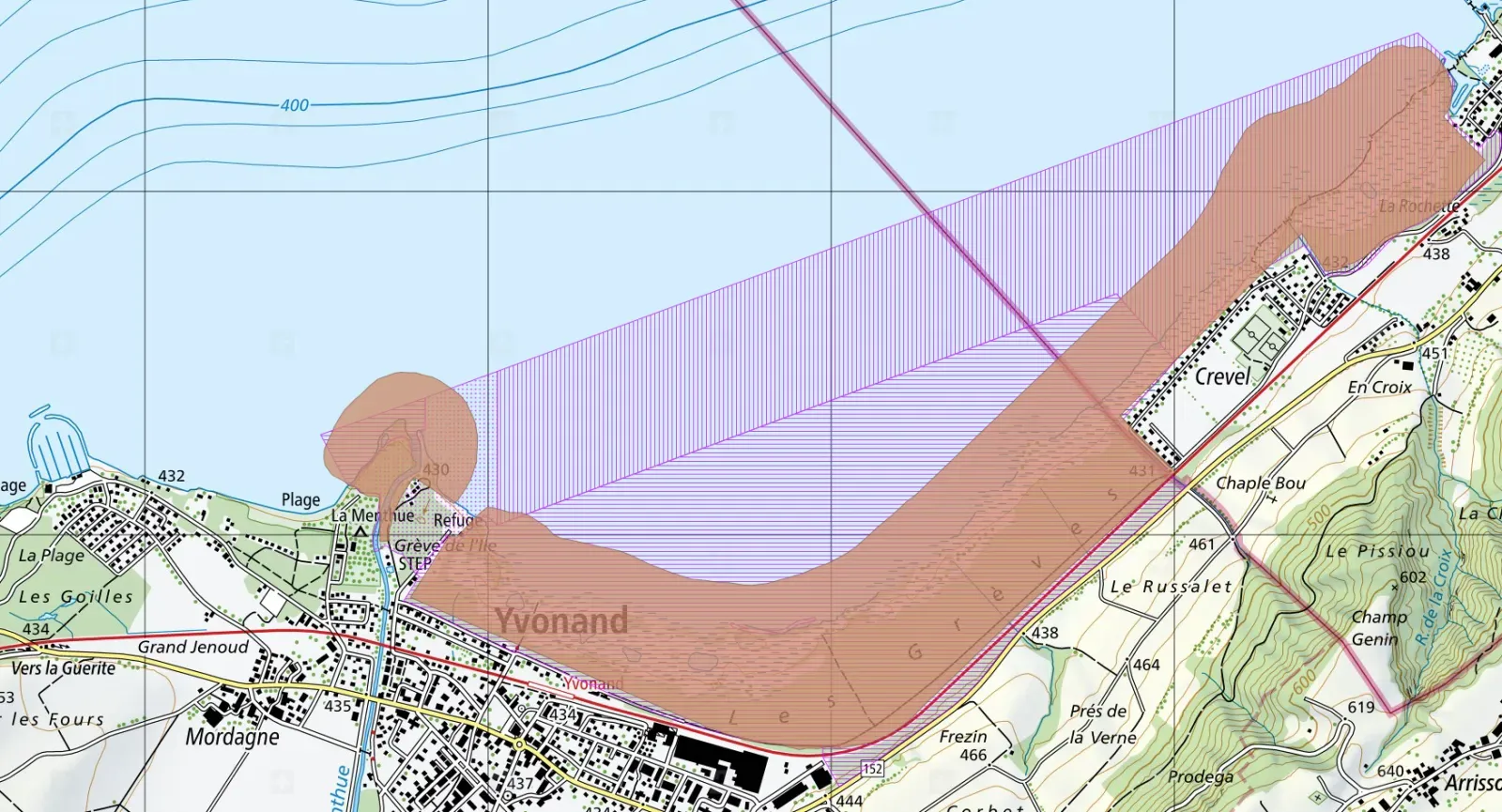 Carte des réserves au large d’Yvonand : zone OROEM hachurée en violet, zone Ramsar en brun